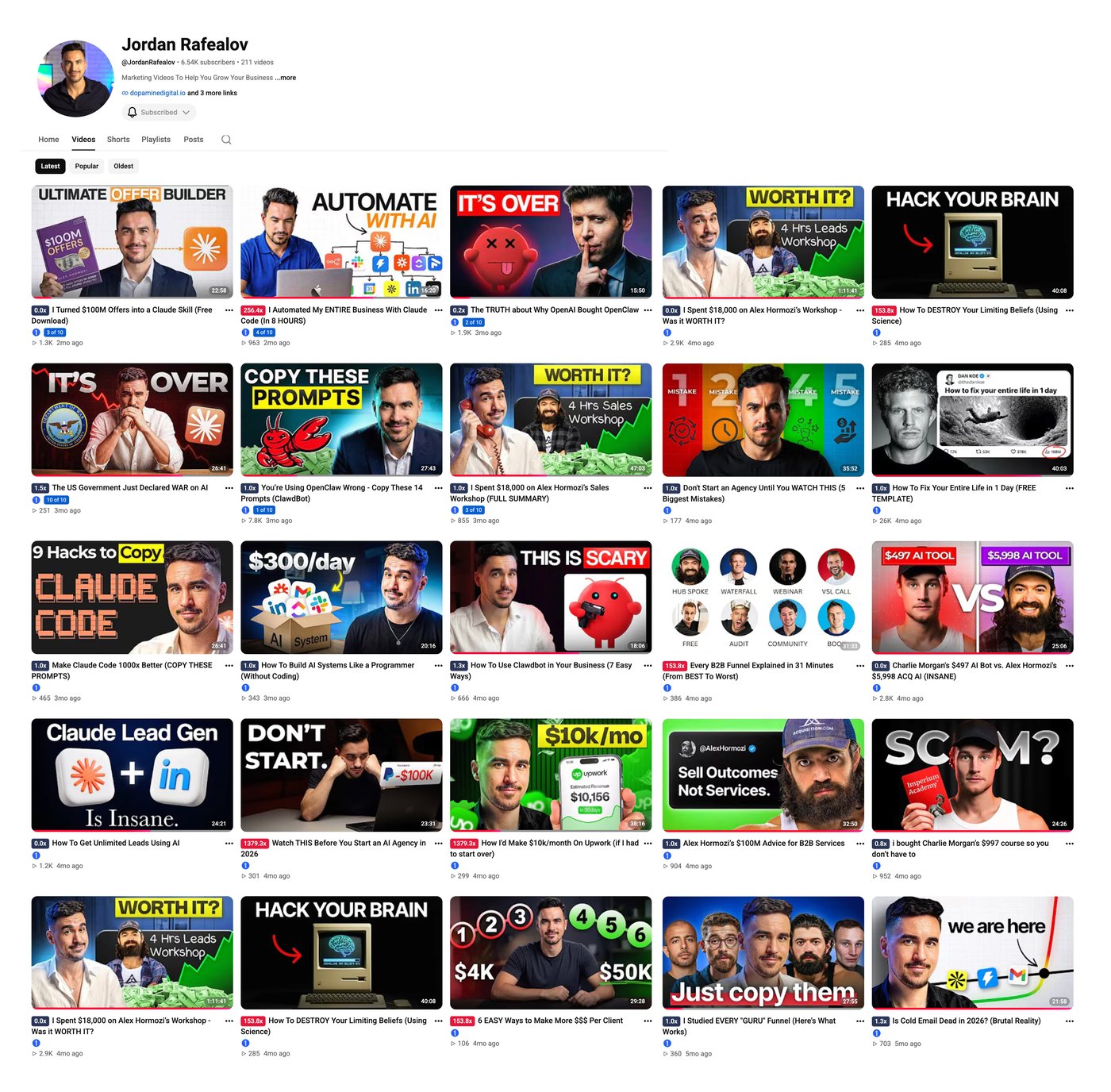 Jordan Rafealov's YouTube channel grid — dozens of long-form videos shipped while running VividScale, all on-strategy for his agency offer.