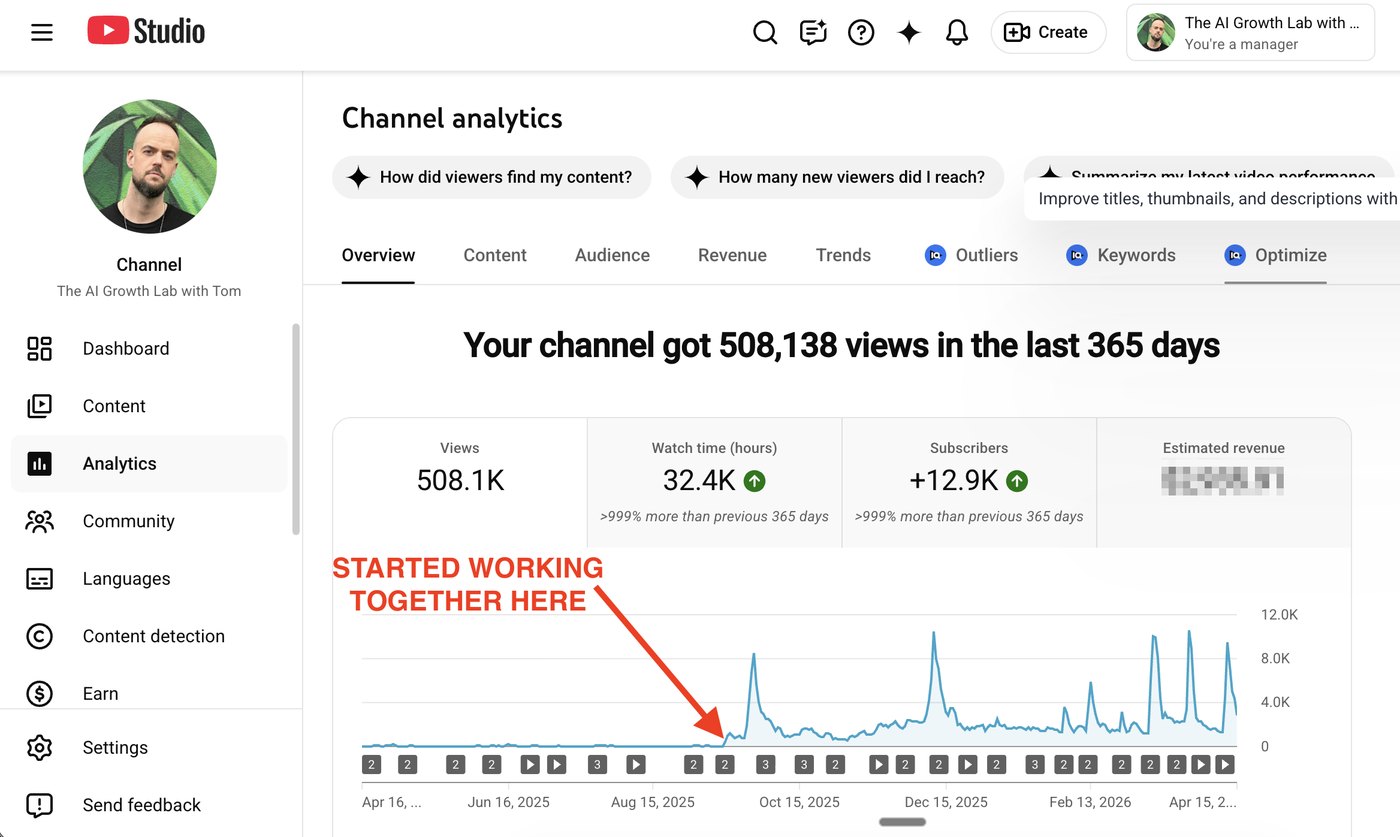 Tom's YouTube Studio channel analytics: 508.1K views and +12.9K subscribers in 365 days, with an arrow on the growth curve marking 'STARTED WORKING TOGETHER HERE' at the inflection point.