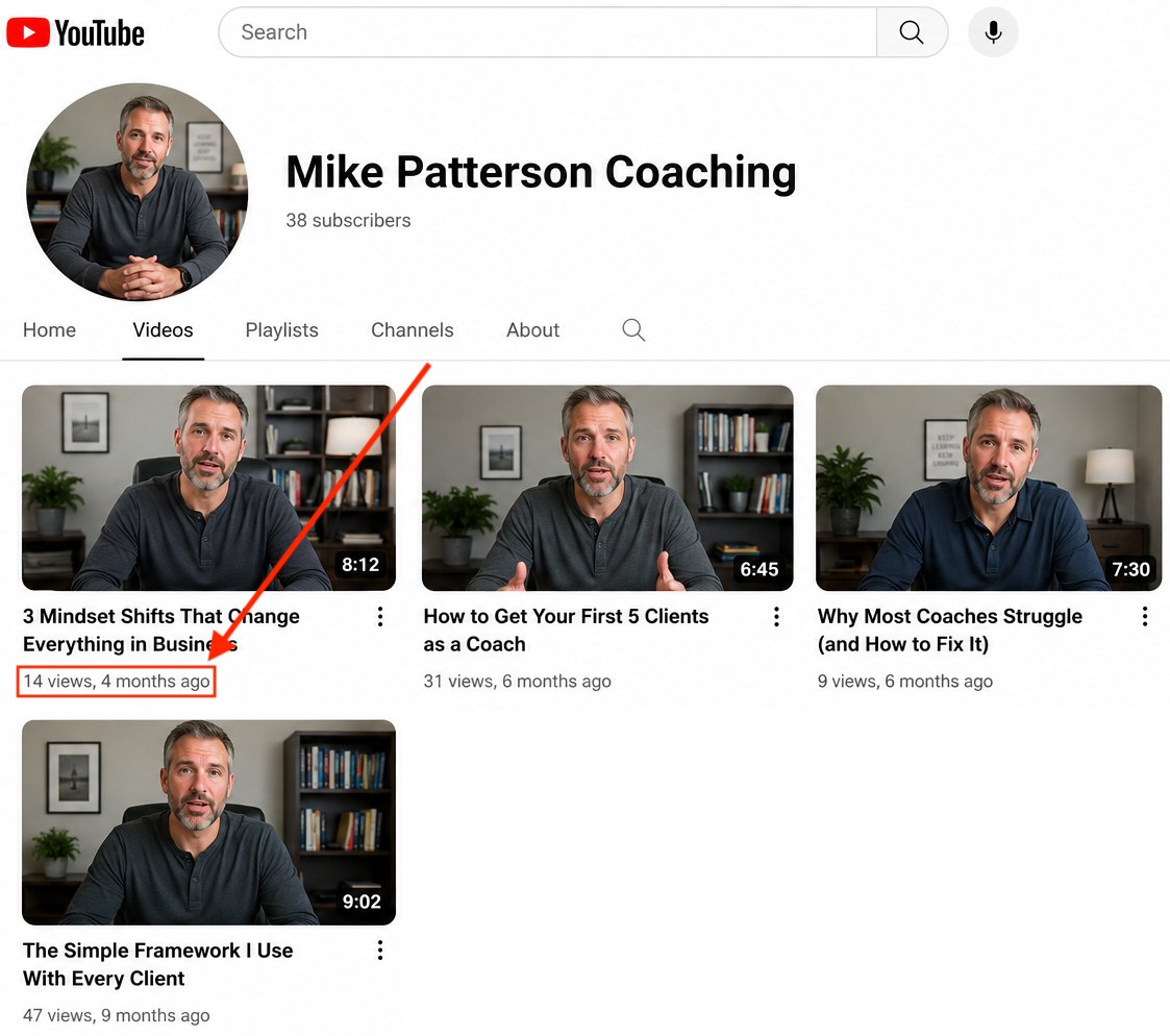 DIY coaching channel — Mike Patterson Coaching, 38 subscribers, with 14 views on a video posted 4 months ago. What 'I'll figure it out myself' actually looks like.