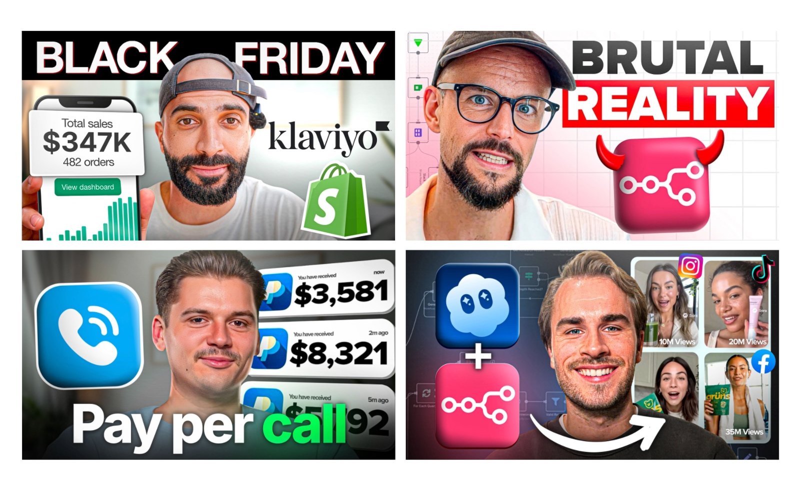 A grid of four custom-designed YouTube thumbnails — Black Friday $347k, Brutal Reality, Pay per call, Cloud + Loop — each one built for the click in its niche.
