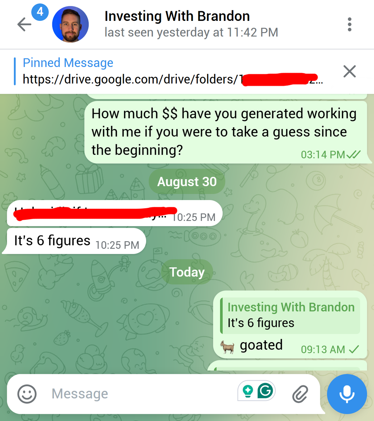 Brandon (InvestingWithBrandon) on Telegram: revenue from YouTube is in the six figures — 'goated.'