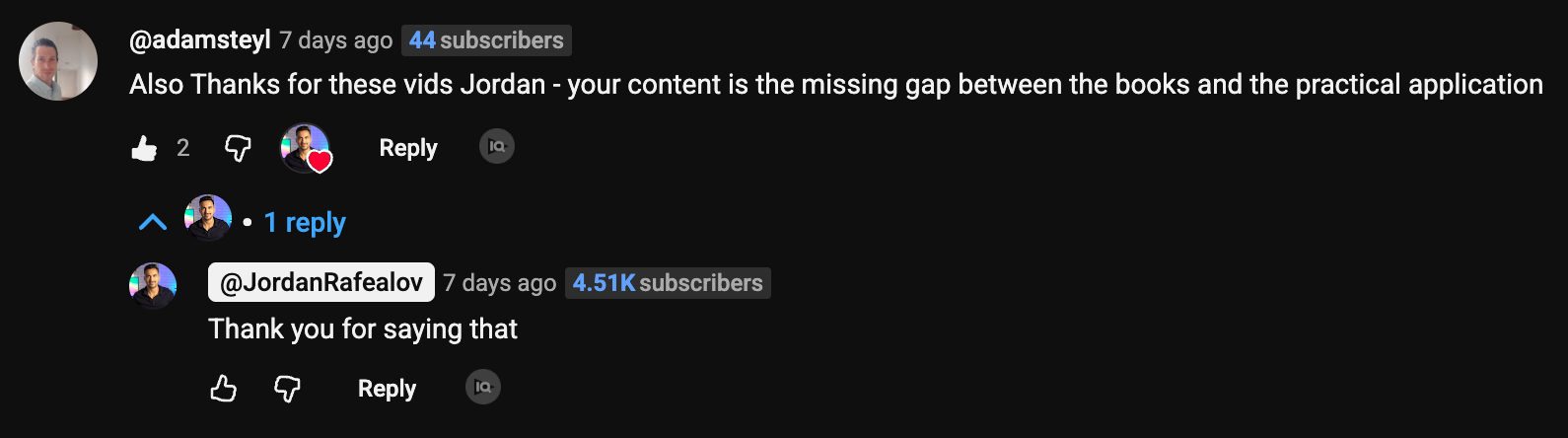 YouTube comment from @adamsteyl on Jordan's video: 'Also Thanks for these vids Jordan - your content is the missing gap between the books and the practical application', with Jordan replying 'Thank you for saying that'.