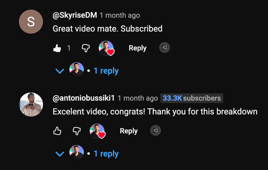 A 33.3K-subscriber YouTube creator commenting on Jordan's video praising the structure and clarity.