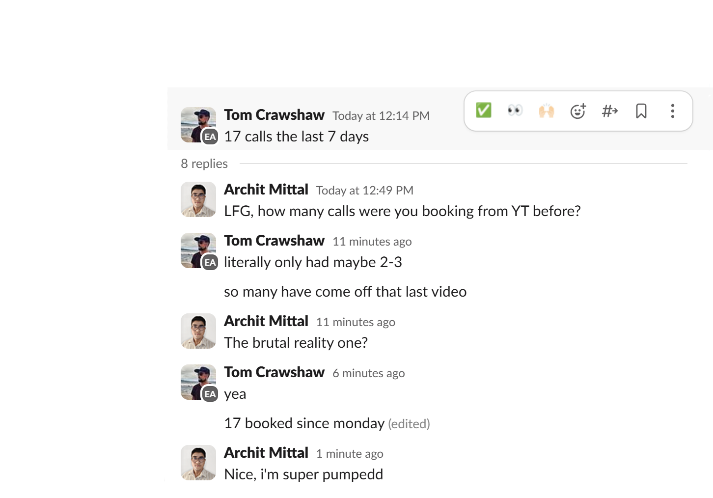 Slack thread: Tom says '17 calls the last 7 days'; asked how many he booked from YouTube before, he replies 'literally only had maybe 2-3', 'so many have come off that last video' — the BRUTAL REALITY one.