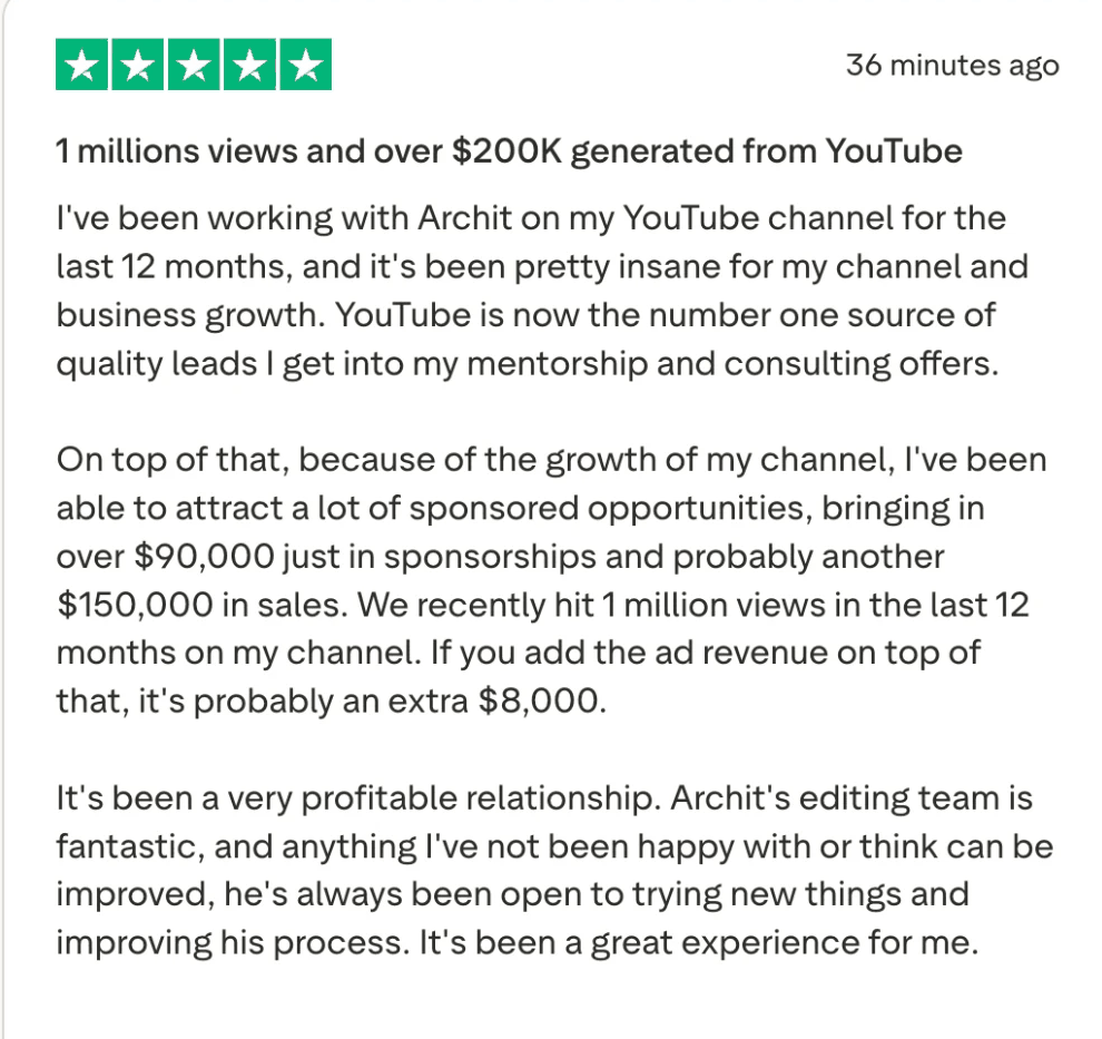Tom Crawshaw's 5-star Trustpilot review titled '1 millions views and over $200K generated from YouTube.' He writes that after 12 months, YouTube is now his number one source of quality leads for his mentorship and consulting offers, bringing in over $90,000 in sponsorships, probably another $150,000 in sales, plus about $8,000 in ad revenue, and calls Archit's editing team fantastic.